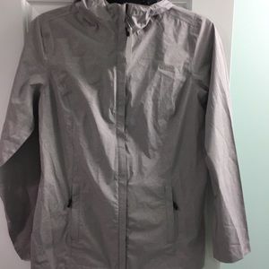 Women’s heather gray, hooded rain jacket